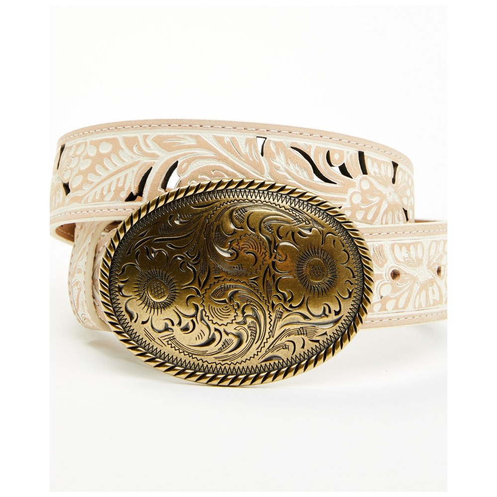 Shyanne Cream Tooled Leather Belt Size Large with Antique Gold Floral Buckle